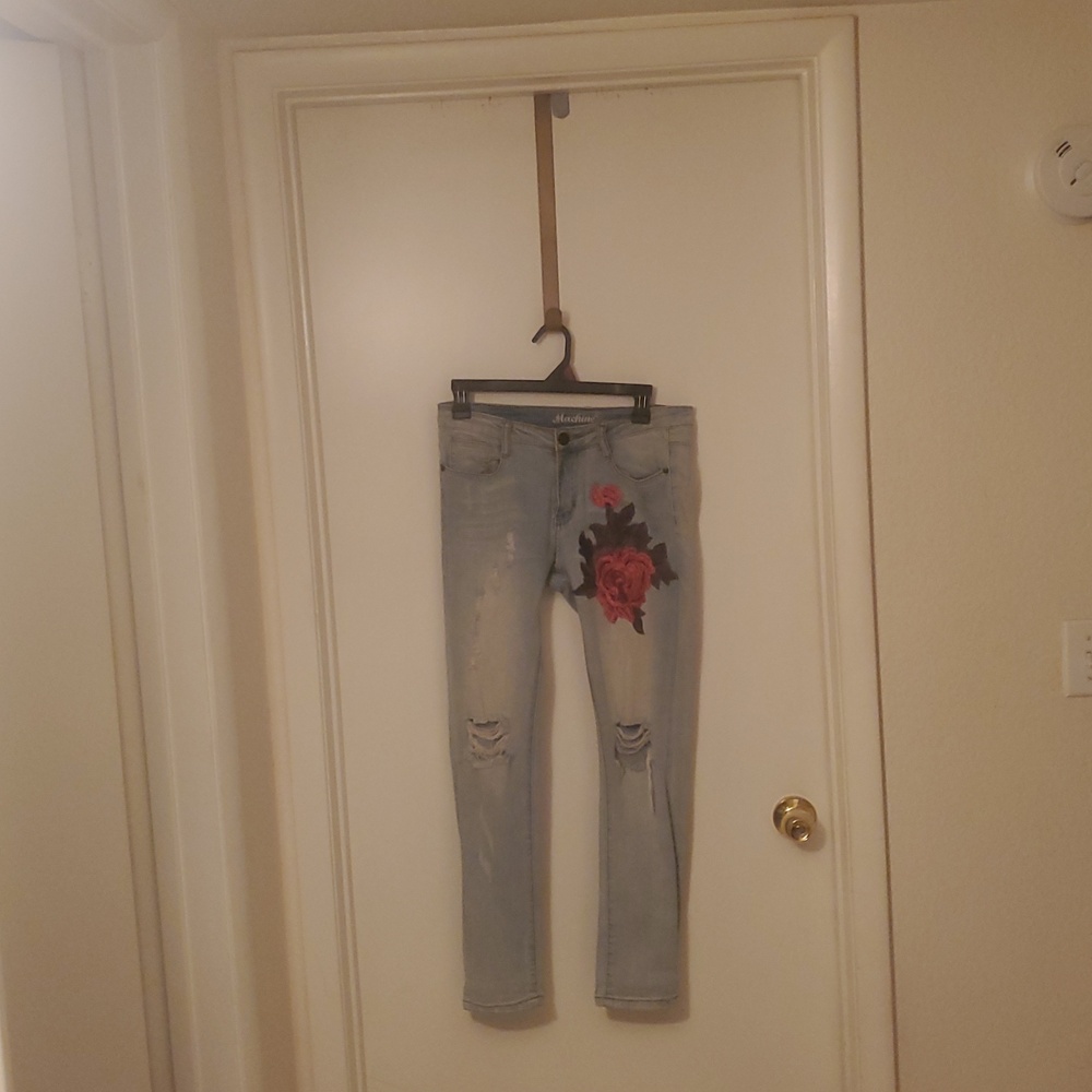 Machine Light Blue Skinny Jeans with Red Rose Embroidery - Picture 2 of 5